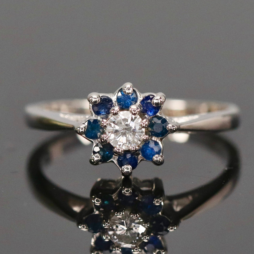 Vintage Sapphire and diamond cluster ring in 14k white gold