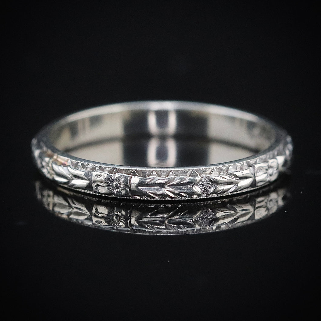 Vintage orange blossom band ring in 14k white gold from Manor Jewels.