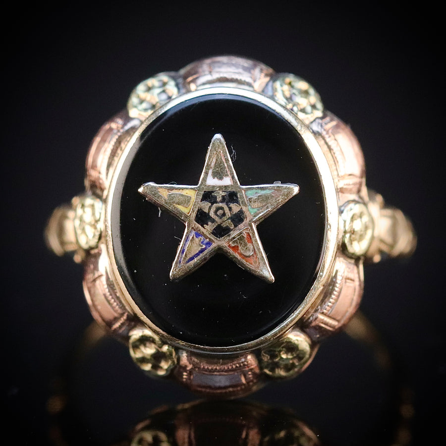 Vintage onyx ring with eastern star motif in tri color gold from Manor Jewels.
