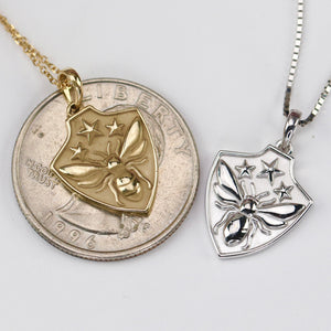 50% OFF!  Bee shield necklaces in your choice of 14k yellow or white gold
