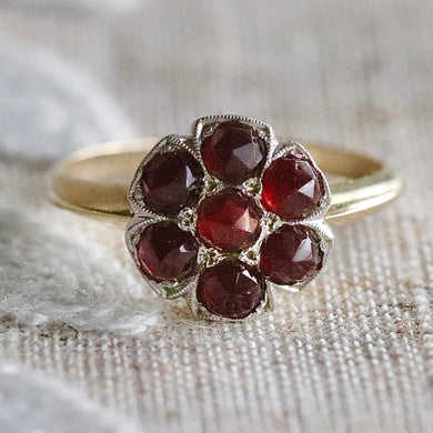 Vintage rose cut Garnet cluster ring in 14 yellow & white gold