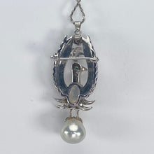 Load image into Gallery viewer, Phoenix opal and pearl brooch/pendant with chain in 14k white gold
