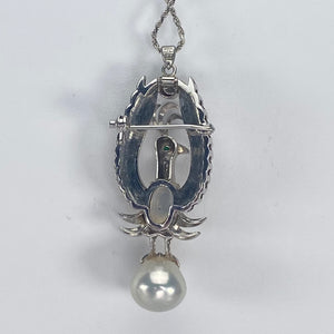 Phoenix opal and pearl brooch/pendant with chain in 14k white gold
