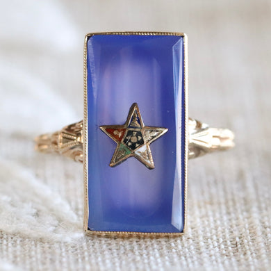 Vintage Eastern star chalcedony  ring in yellow gold - onyx deal included