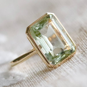 RESERVED: PAYMENT 2-3 OF 3: SALE!  Emerald cut 8.28ct prasiolite ring in 14k yellow gold