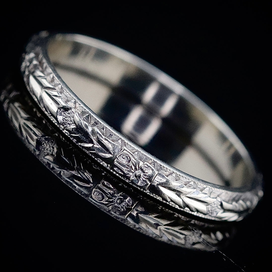 Vintage orange blossom band ring in 14k white gold from Manor Jewels.