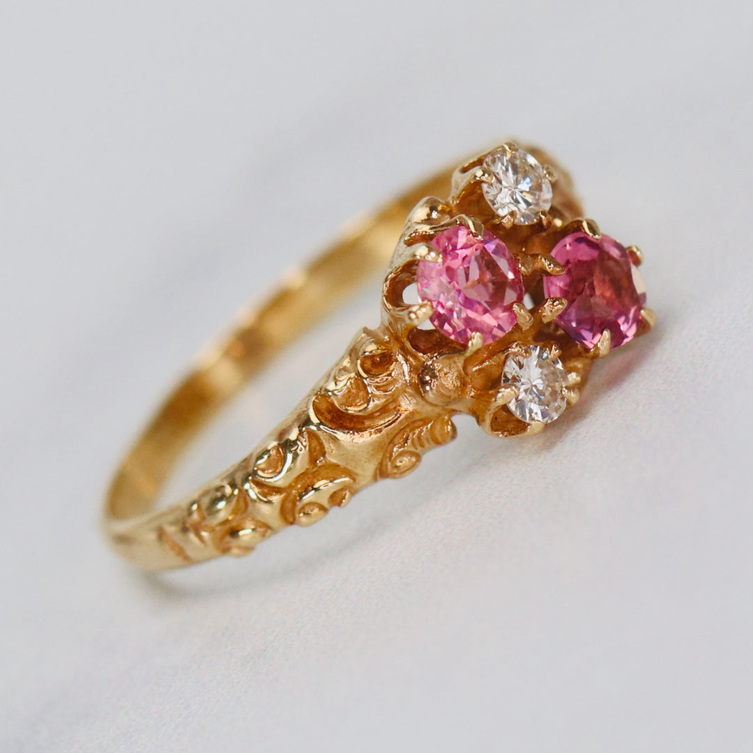 Vintage pink tourmaline and diamond ring in yellow gold