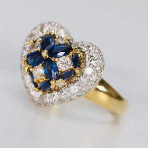 Estate heart shaped Sapphire and diamond cluster ring in 18k yellow gold
