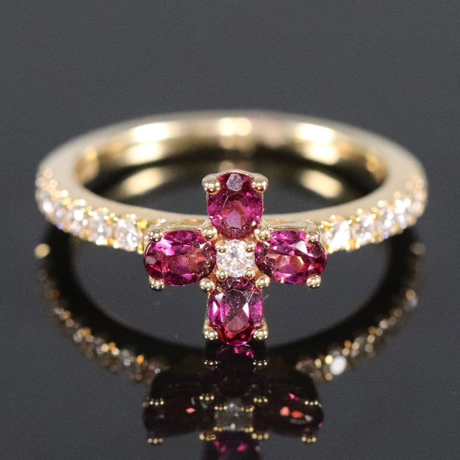 Rhodolite and diamond ring in yellow gold