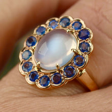 Load image into Gallery viewer, RESERVED: LAYAWAY PAYMENT 7 OF 10: Stunning moonstone and sapphire ring in 14k yellow gold