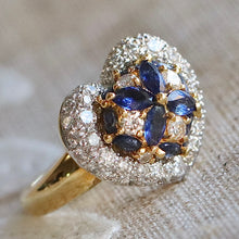 Load image into Gallery viewer, Estate heart shaped Sapphire and diamond cluster ring in 18k yellow gold