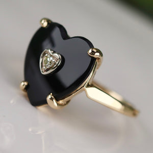 F&F Felger vintage Heart shaped onyx and diamond ring in 14k yellow gold