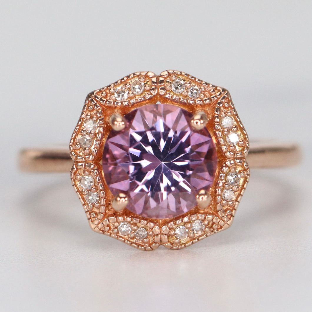 Amethyst and diamond halo ring in 14k rose gold