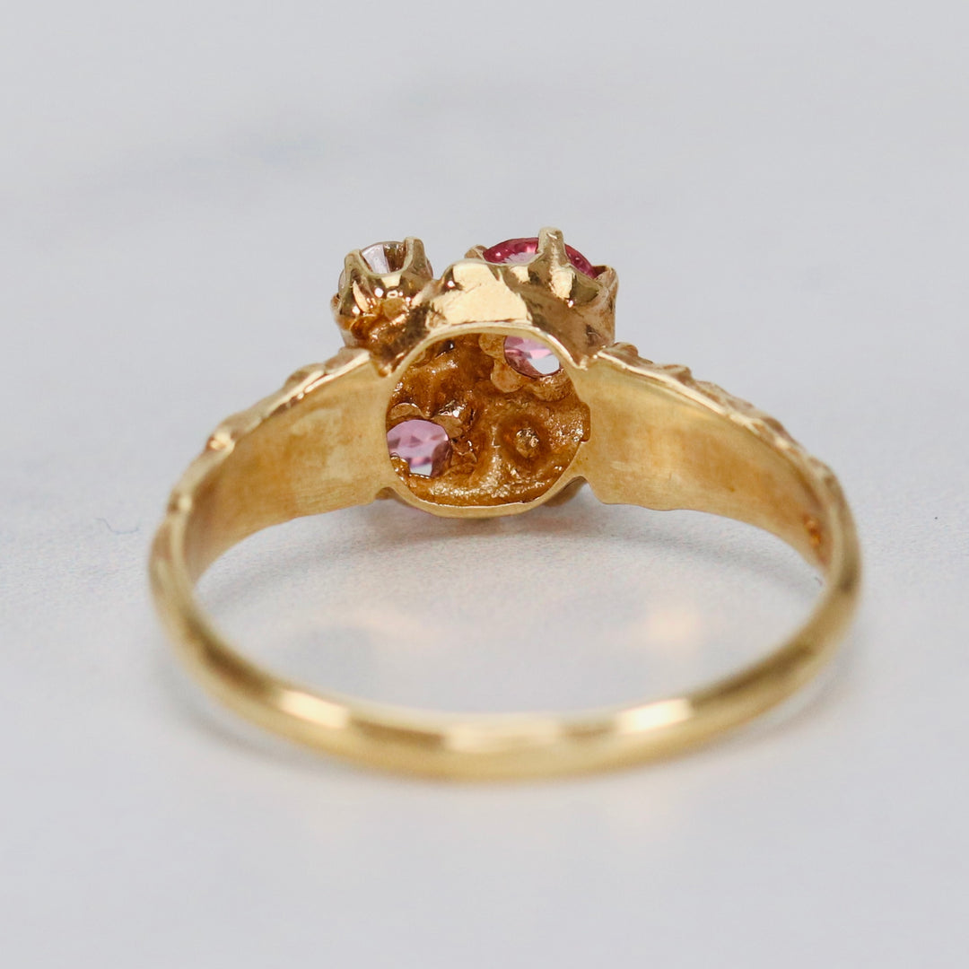 Vintage pink tourmaline and diamond ring in yellow gold