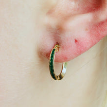 Load image into Gallery viewer, 14k yellow gold green hoops