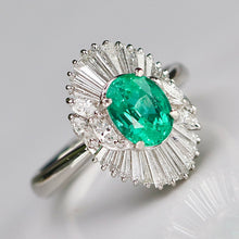 Load image into Gallery viewer, Estate Emerald and diamond ballerina style ring in platinum