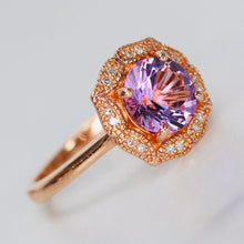 Load image into Gallery viewer, Amethyst and diamond halo ring in 14k rose gold