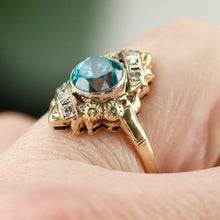 Load image into Gallery viewer, Vintage Blue zircon and diamond ring in 14K yellow gold