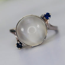 Load image into Gallery viewer, Vintage moonstone and sapphire ring in 14k white gold