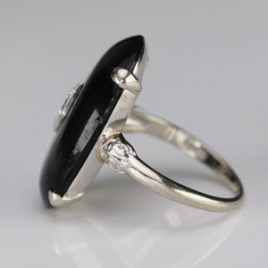 Oval vintage black onyx and diamond ring in white gold ring By Manor Jewels