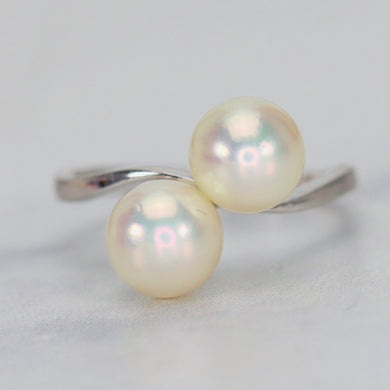 Mikimoto double Pearl bypass ring in 14k white gold
