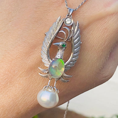 Phoenix opal and pearl brooch/pendant with chain in 14k white gold