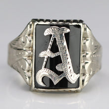 Load image into Gallery viewer, Vintage onyx letter A ring in white gold