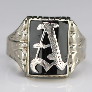 Vintage onyx letter A ring in white gold