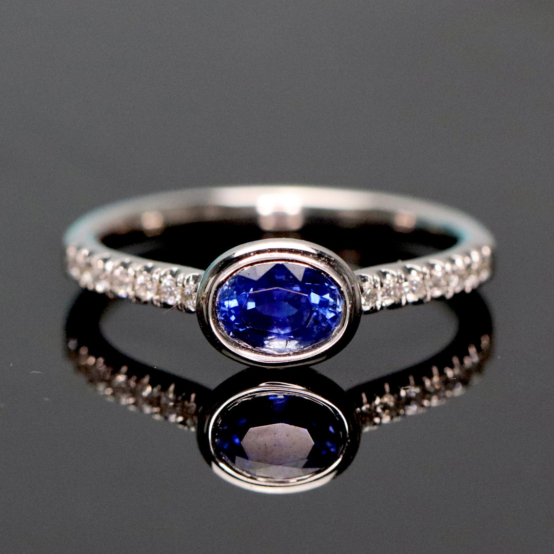 East west blue Sapphire and diamond ring in 14k white gold