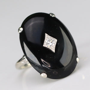 Oval vintage black onyx and diamond ring in white gold ring By Manor Jewels