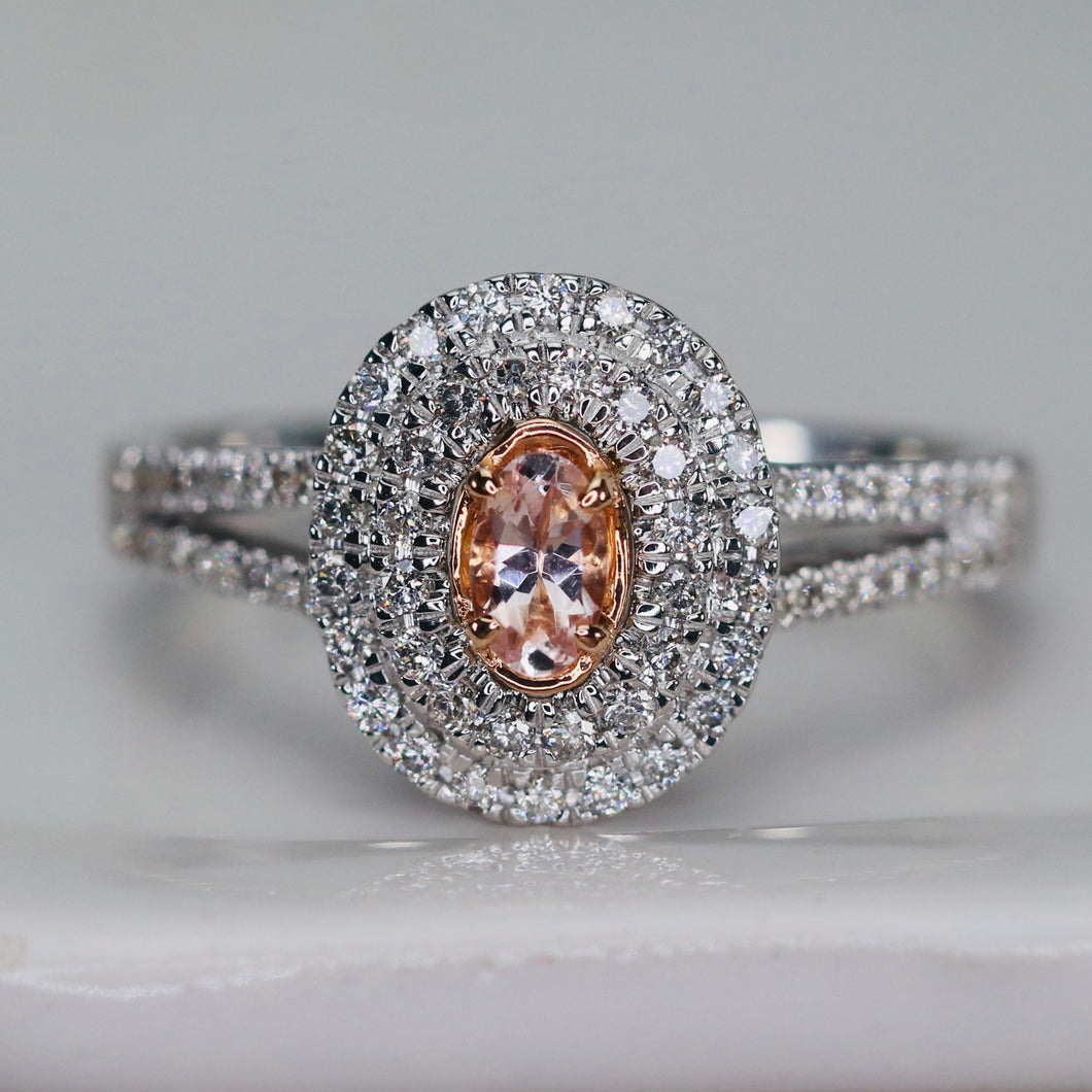 Vera Wang Designer Morganite and diamond ring in 14k white and rose gold