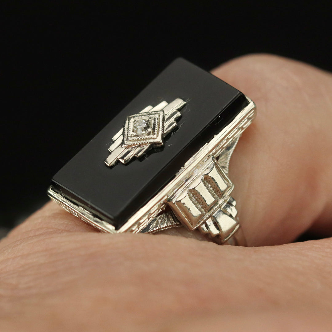 Art Deco oblong onyx and diamond vintage ring in 14k white gold