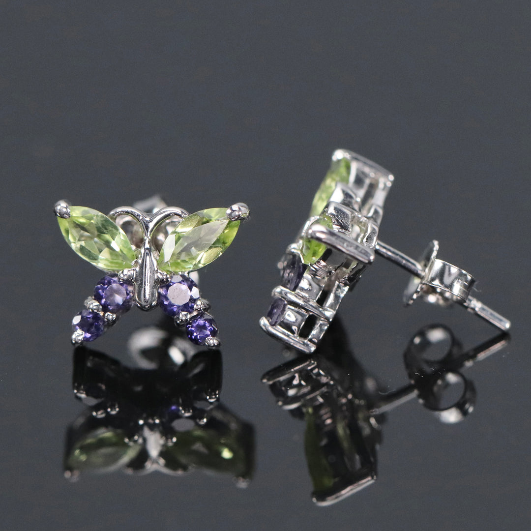 Peridot and iolite butterfly earrings in white gold