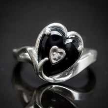 Load image into Gallery viewer, Vintage heart shaped onyx and diamond ring in white gold