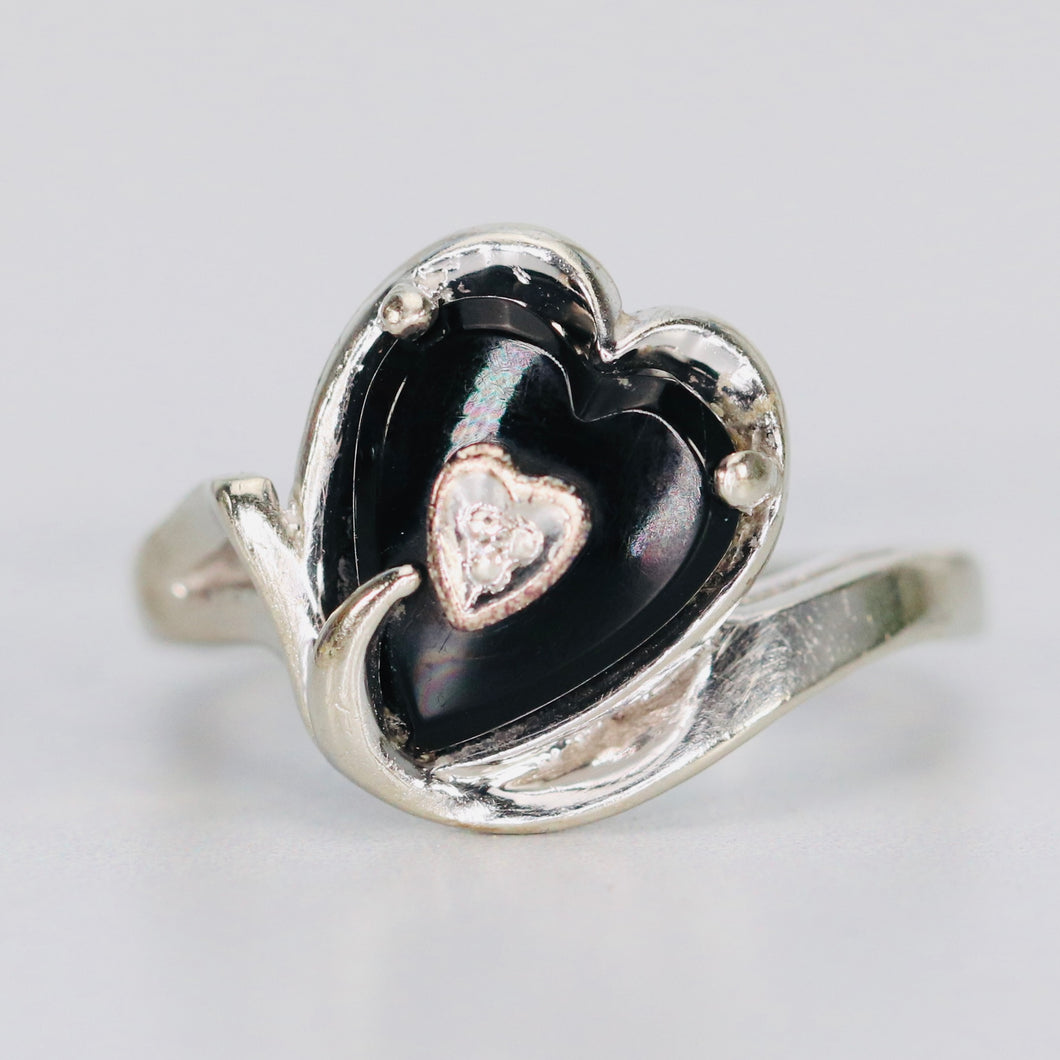 Vintage Heart shaped onyx and diamond ring in white gold