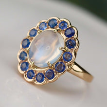 Load image into Gallery viewer, RESERVED: LAYAWAY PAYMENT 7 OF 10: Stunning moonstone and sapphire ring in 14k yellow gold