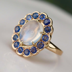 RESERVED: LAYAWAY PAYMENT 7 OF 10: Stunning moonstone and sapphire ring in 14k yellow gold