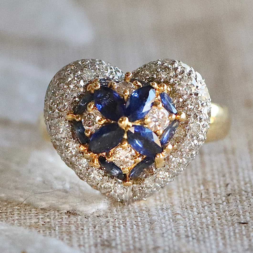 Estate heart shaped Sapphire and diamond cluster ring in 18k yellow gold