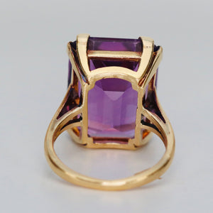 Large 20ct Emerald cut amethyst ring in 14k yellow gold