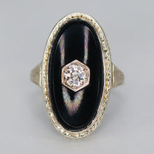 Load image into Gallery viewer, Vintage antique onyx and diamond ring in white gold
