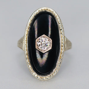 Vintage antique onyx and diamond ring in white gold