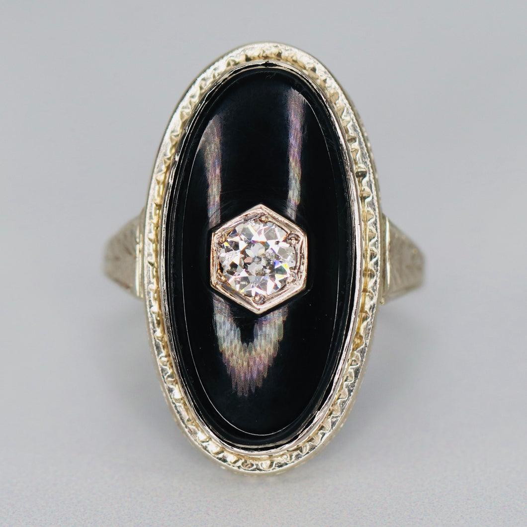 Onyx and .21ct OEC diamond ring in 14k white gold