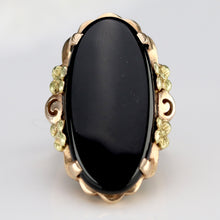 Load image into Gallery viewer, Large oval vintage onyx ring in rose, green, and yellow gold ring