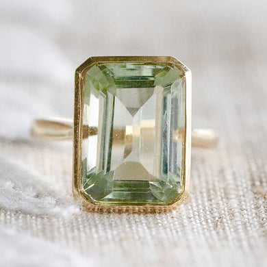 RESERVED: PAYMENT 2-3 OF 3: SALE!  Emerald cut 8.28ct prasiolite ring in 14k yellow gold