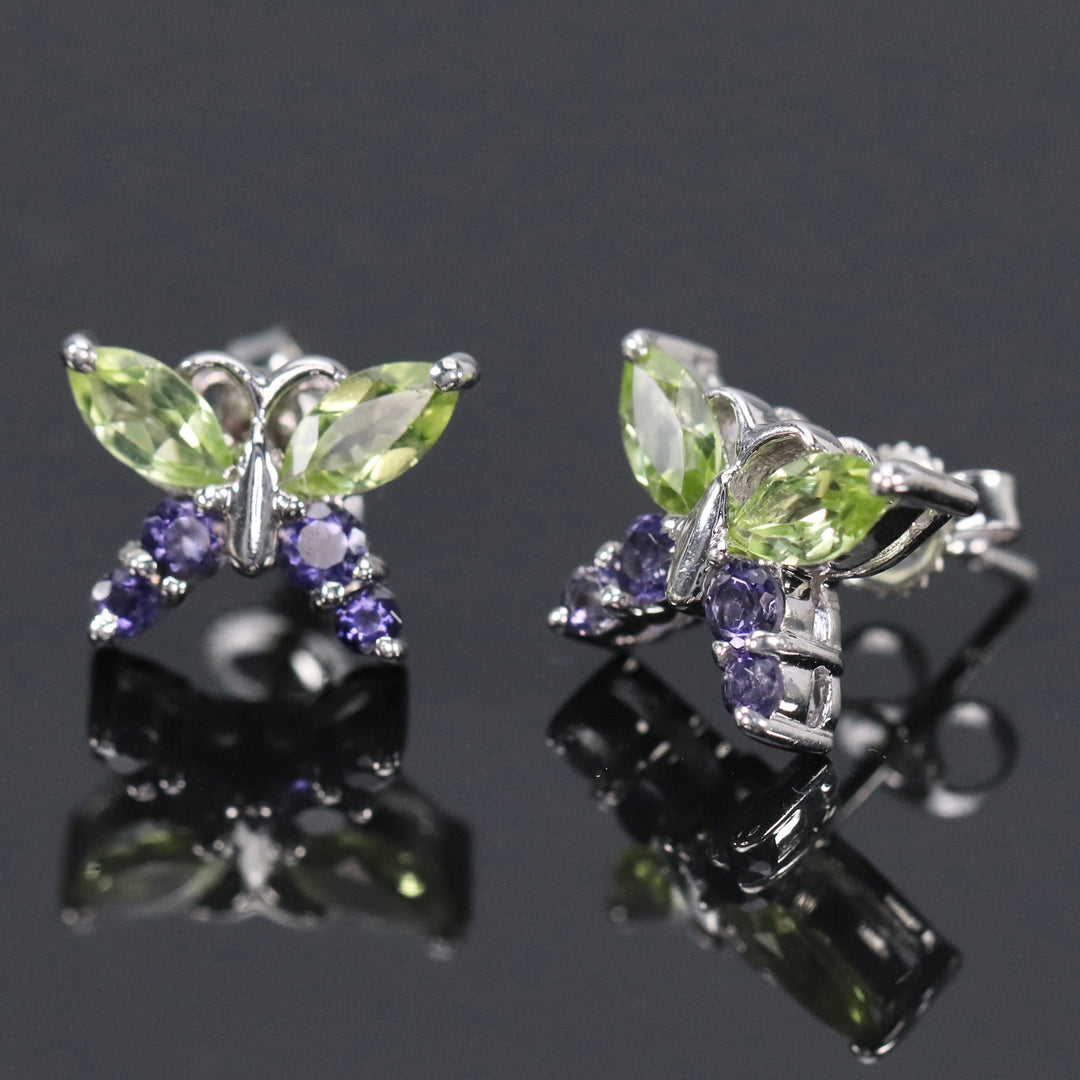 Peridot and iolite butterfly earrings in white gold
