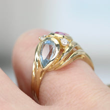 Load image into Gallery viewer, Synthetic pink sapphire and blue spinel in stunning setting of 14k gold