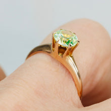 Load image into Gallery viewer, Vintage synthetic green spinel solitaire ring in 14k yellow gold by J R Wood
