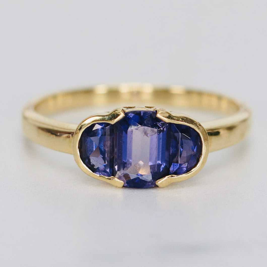 Iolite 3 stone ring in 14k yellow gold