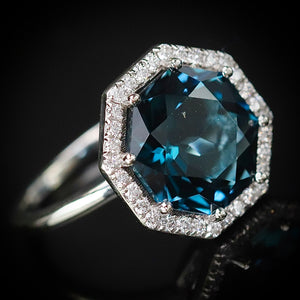 RESERVED FOR DI: PAYMENT 5 OF 5:  SALE!!  Custom London Blue topaz and diamond ring in 14k white gold