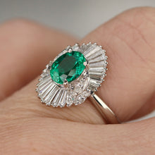Load image into Gallery viewer, Estate Emerald and diamond ballerina style ring in platinum